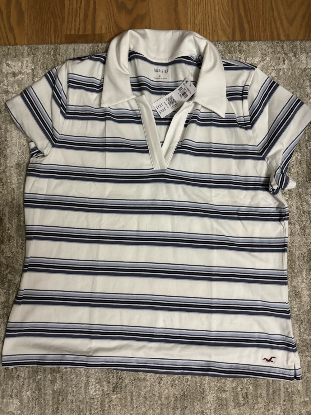 Hollister White & Navy Striped Polo V-Neck Top
